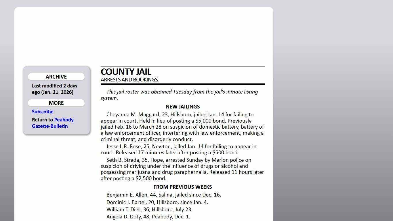 County jail arrests and bookings Peabody Gazette-Bulletin Jan. 21, 2026 ()